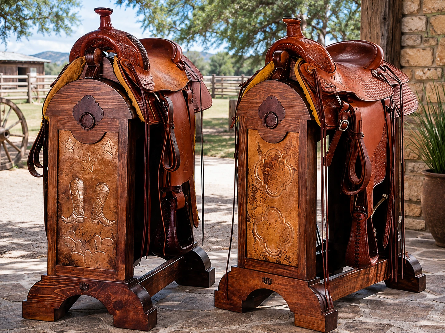 Jorge Kurczyn saddle stands featuring handcrafted copper panels and western detailing