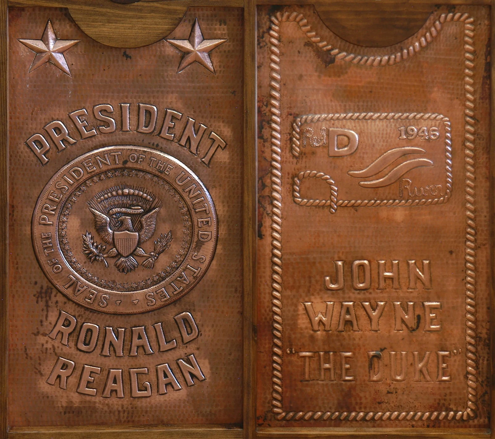 Handcrafted copper panels with presidential seal and John Wayne western details