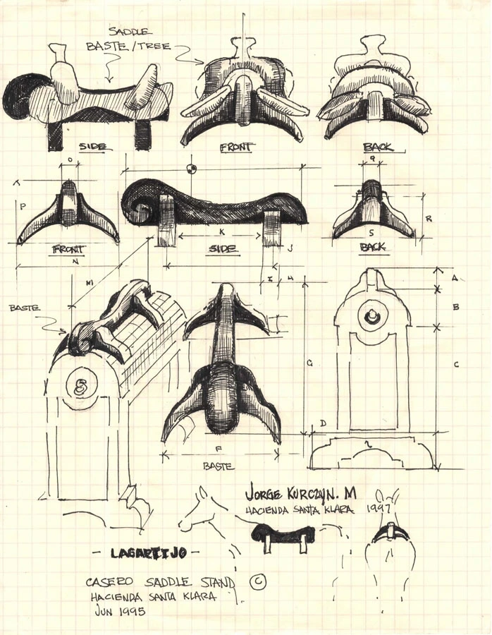 Hand-drawn saddle stand design sketch by Jorge Kurczyn